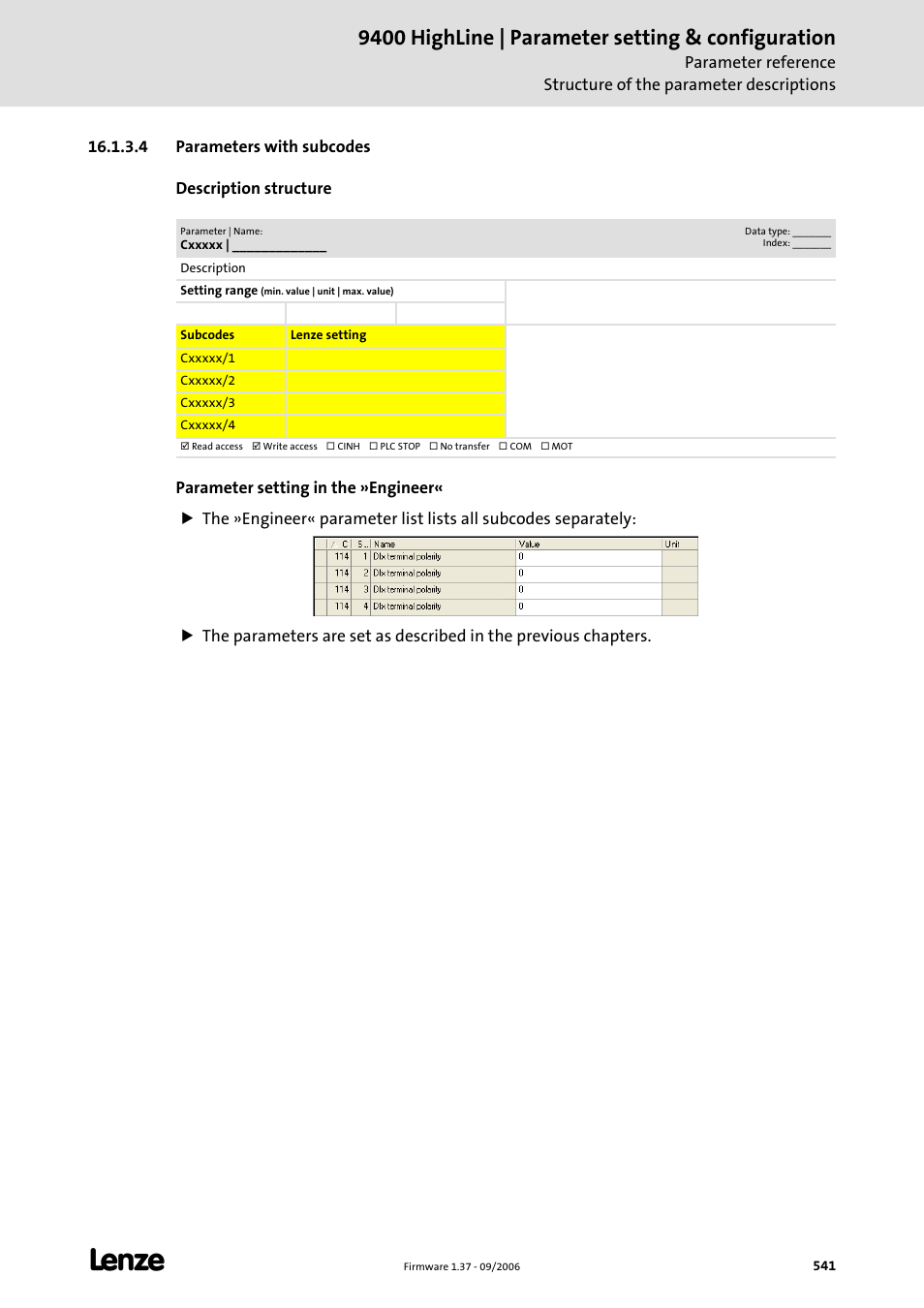 4 parameters with subcodes, 9400 highline | parameter setting & configuration | Lenze E94AxHE Servo Drives 9400 HighLine (Firmware 01-37) User Manual | Page 541 / 679