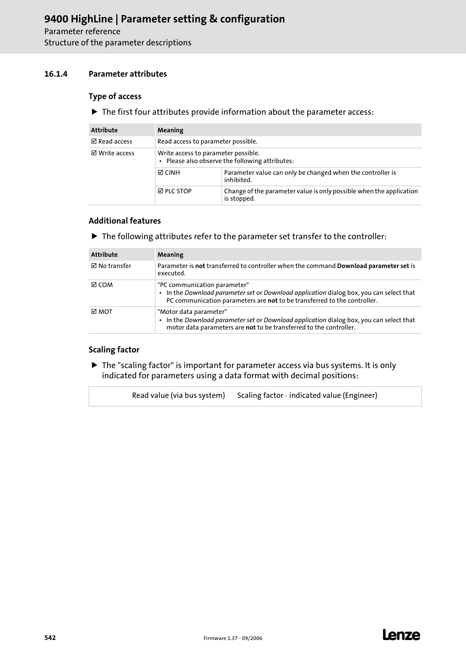 4 parameter attributes, The table footer contains the, Parameter attributes | 9400 highline | parameter setting & configuration | Lenze E94AxHE Servo Drives 9400 HighLine (Firmware 01-37) User Manual | Page 542 / 679