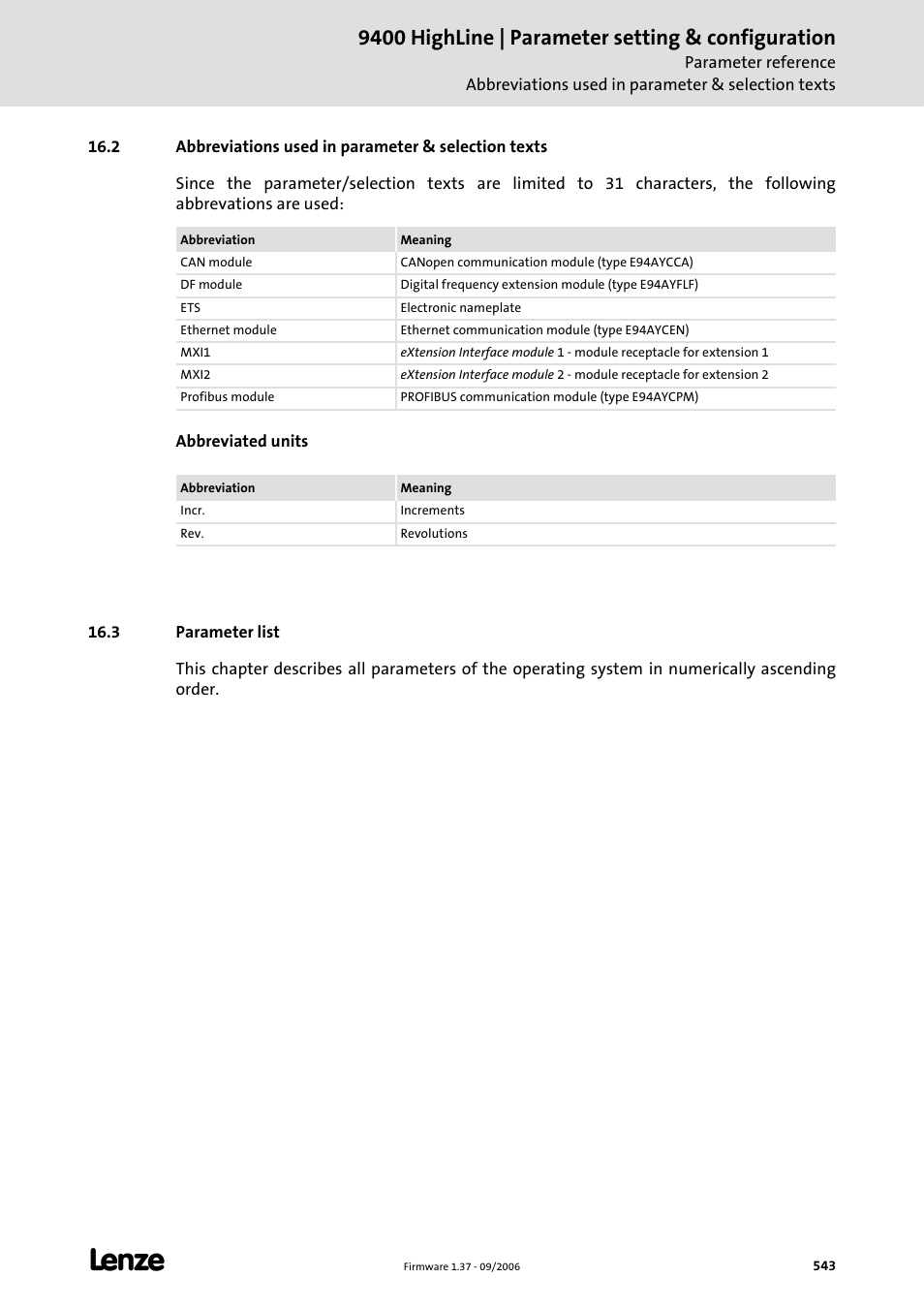 3 parameter list, Parameter list, 9400 highline | parameter setting & configuration | Lenze E94AxHE Servo Drives 9400 HighLine (Firmware 01-37) User Manual | Page 543 / 679