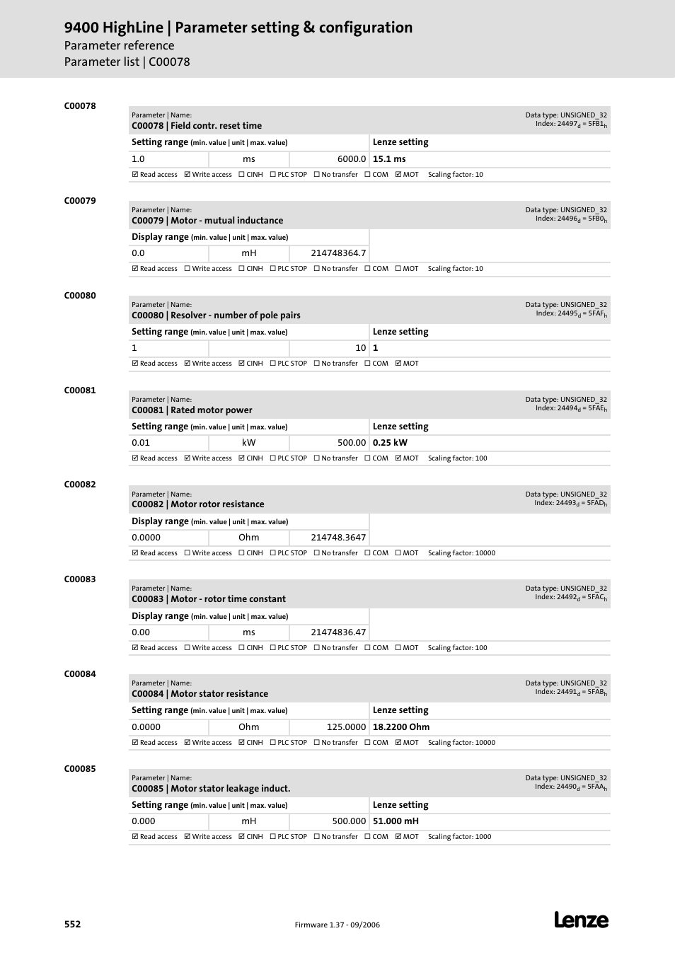 C00078, C00079, C00080 | C00081, C00082, C00083, C00084, C00085, As a, 9400 highline | parameter setting & configuration | Lenze E94AxHE Servo Drives 9400 HighLine (Firmware 01-37) User Manual | Page 552 / 679