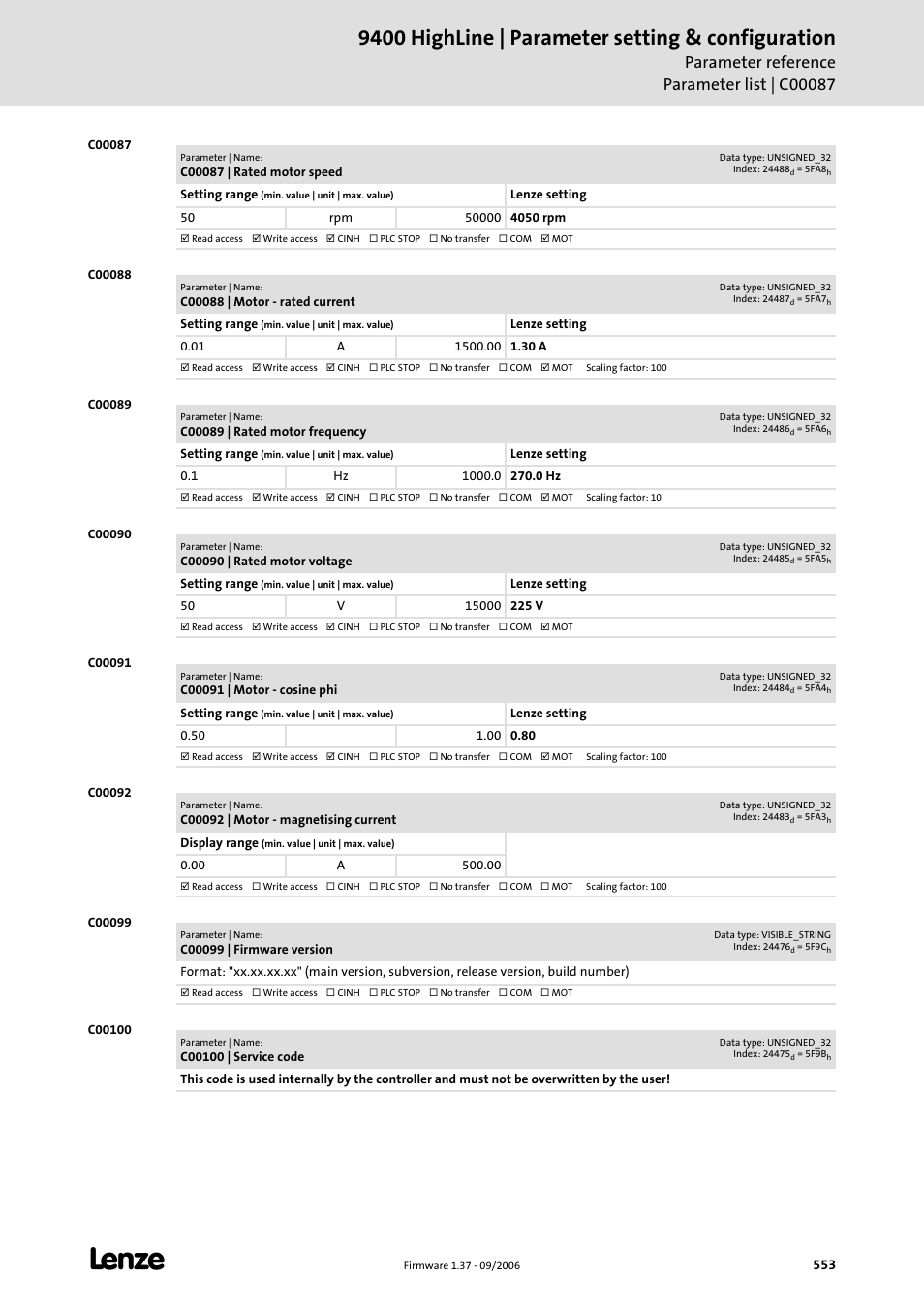 C00087, C00088, C00089 | C00090, C00091, C00092, C00099, C00100, Setting in, 9400 highline | parameter setting & configuration | Lenze E94AxHE Servo Drives 9400 HighLine (Firmware 01-37) User Manual | Page 553 / 679
