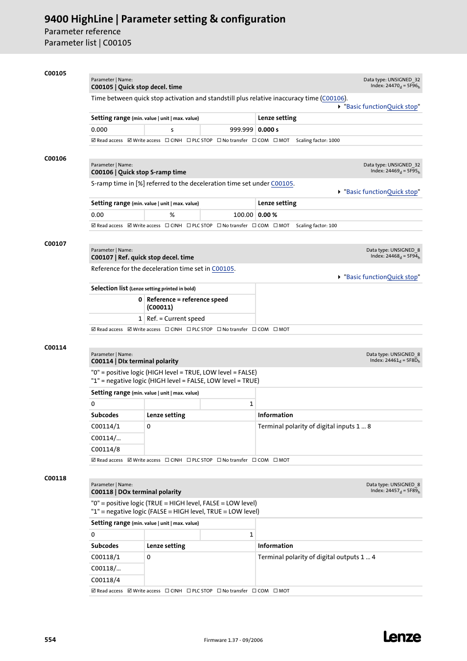 C00105, C00106, C00107 | C00114, C00118, Me set in, When, Is set, C00114/3, 9400 highline | parameter setting & configuration | Lenze E94AxHE Servo Drives 9400 HighLine (Firmware 01-37) User Manual | Page 554 / 679