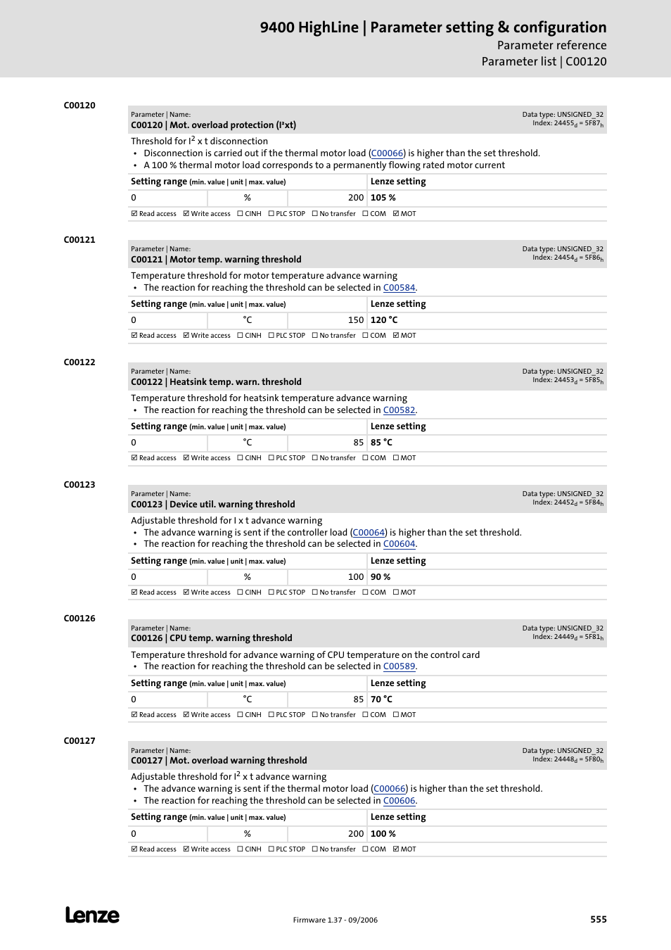 C00120, C00121, C00122 | C00123, C00126, C00127, Value set in, 9400 highline | parameter setting & configuration | Lenze E94AxHE Servo Drives 9400 HighLine (Firmware 01-37) User Manual | Page 555 / 679
