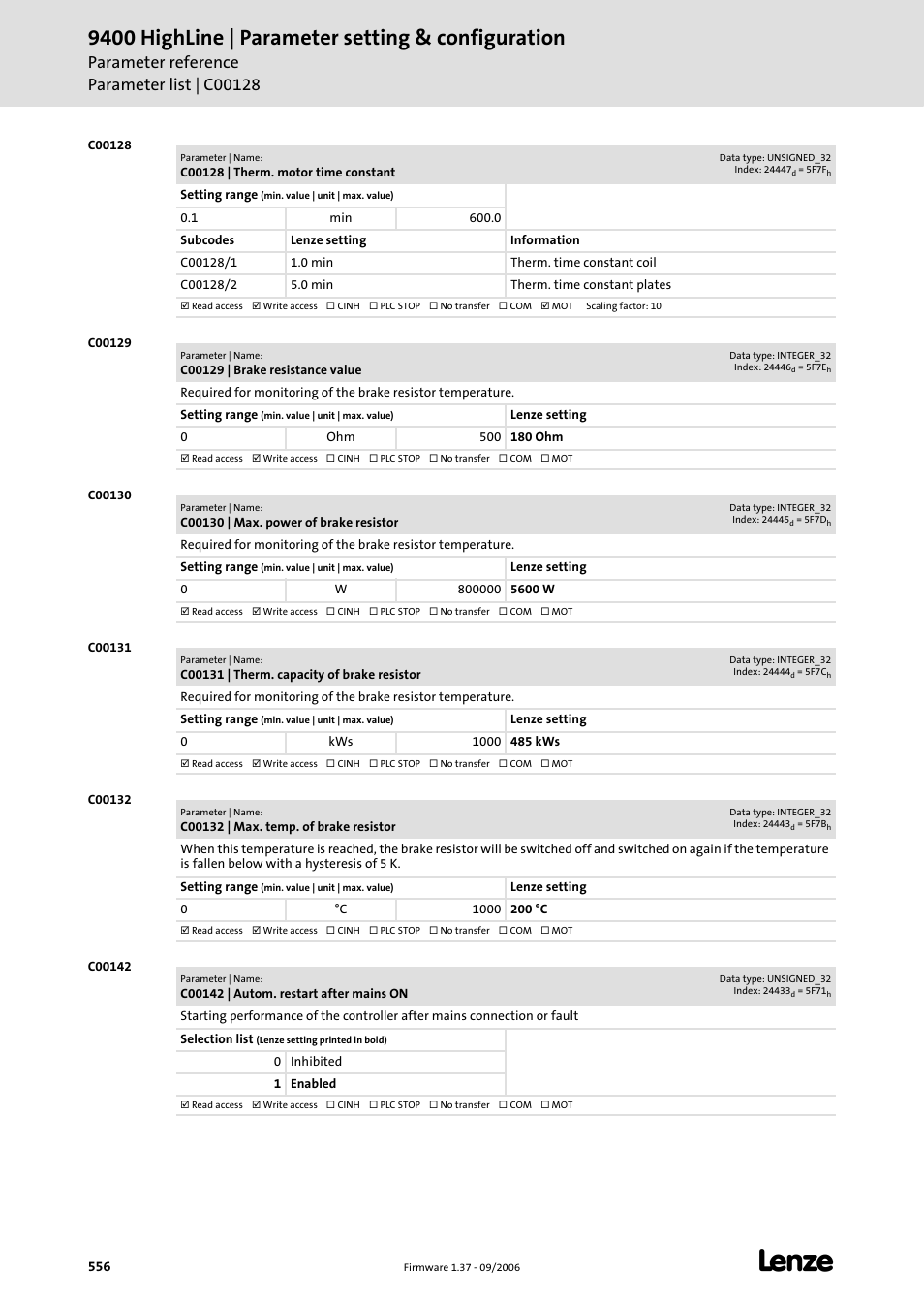 C00128, C00129, C00130 | C00131, C00132, C00142, C00128/1, C00128/2, 9400 highline | parameter setting & configuration | Lenze E94AxHE Servo Drives 9400 HighLine (Firmware 01-37) User Manual | Page 556 / 679