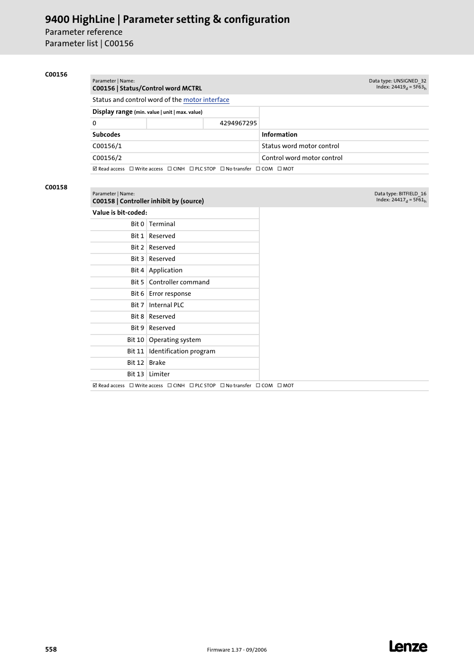 C00156, C00158, 9400 highline | parameter setting & configuration | Lenze E94AxHE Servo Drives 9400 HighLine (Firmware 01-37) User Manual | Page 558 / 679