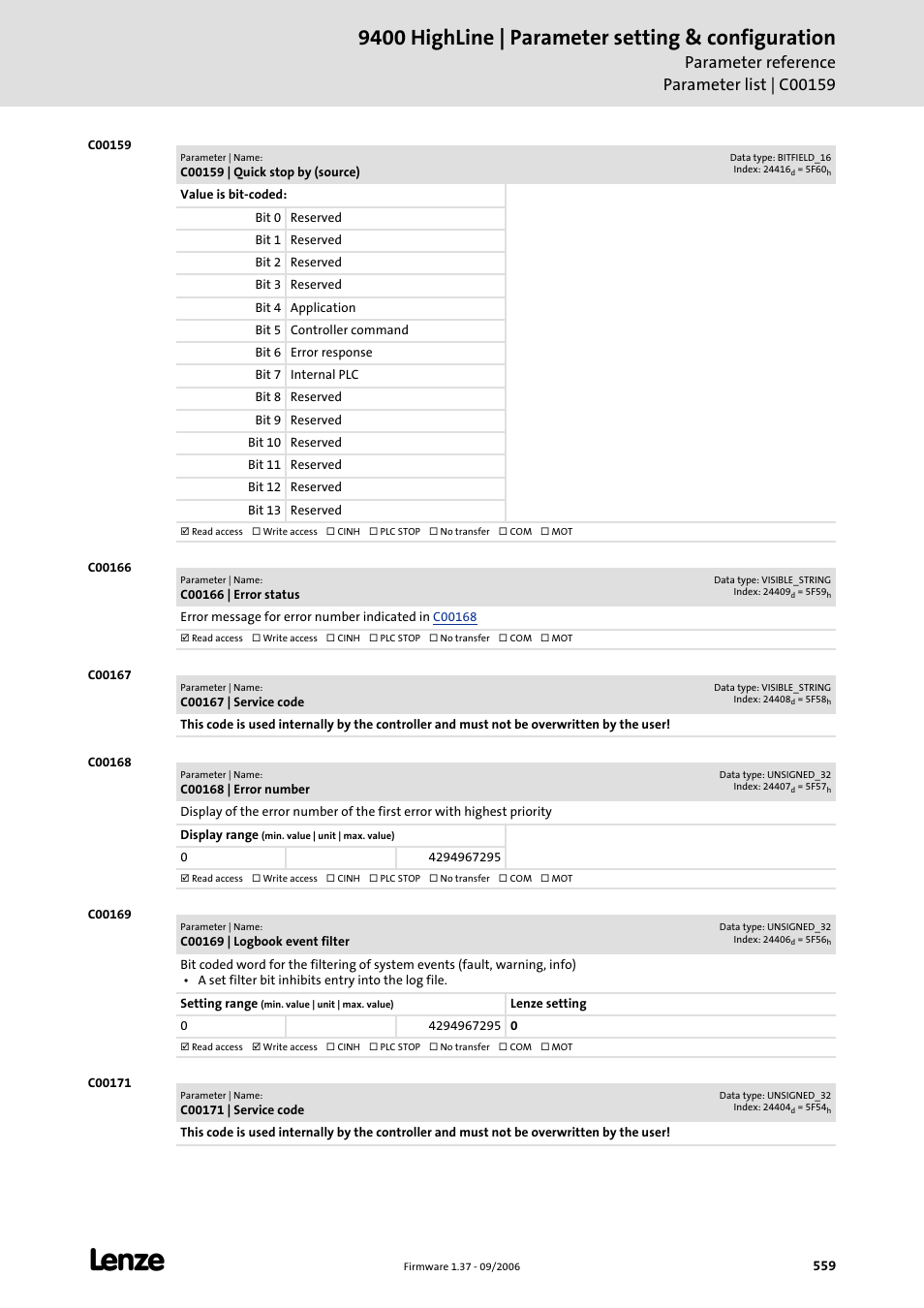 C00159, C00166, C00167 | C00168, C00169, C00171, Is shown bit-coded in, Internal history buffer, 9400 highline | parameter setting & configuration | Lenze E94AxHE Servo Drives 9400 HighLine (Firmware 01-37) User Manual | Page 559 / 679