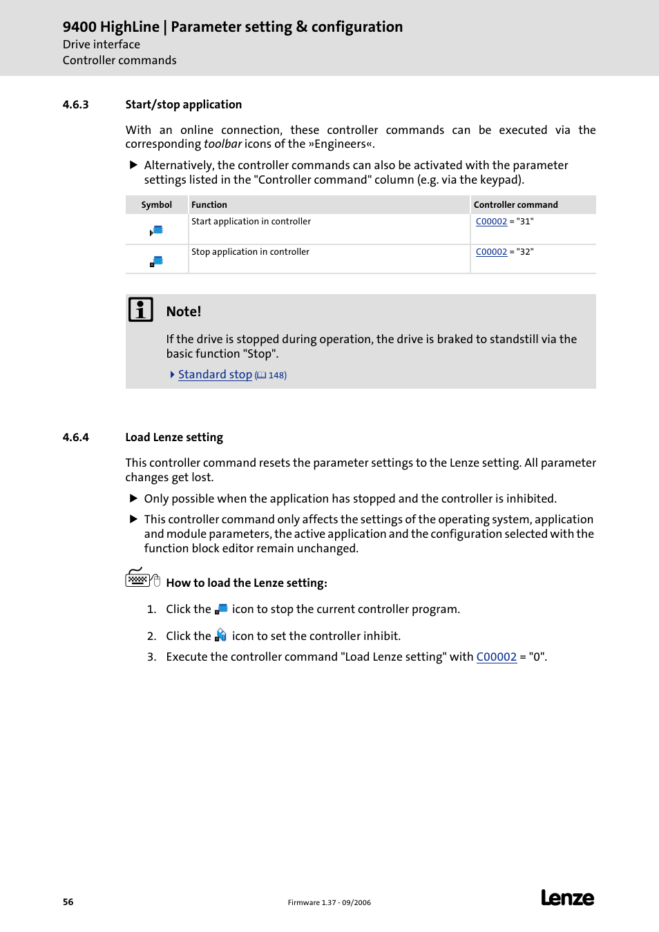 3 start/stop application, 4 load lenze setting, Load lenze setting (c 56) | Start/stop application (c 56), 9400 highline | parameter setting & configuration | Lenze E94AxHE Servo Drives 9400 HighLine (Firmware 01-37) User Manual | Page 56 / 679