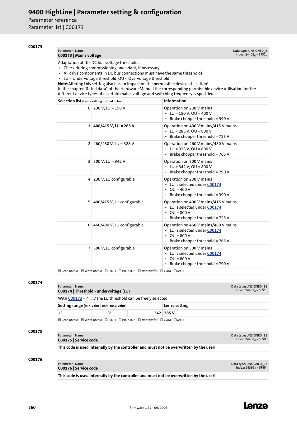 C00173, C00174, C00175 | C00176, C00600, 9400 highline | parameter setting & configuration | Lenze E94AxHE Servo Drives 9400 HighLine (Firmware 01-37) User Manual | Page 560 / 679
