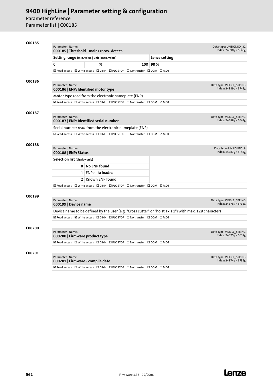 C00185, C00186, C00187 | C00188, C00199, C00200, C00201, 9400 highline | parameter setting & configuration | Lenze E94AxHE Servo Drives 9400 HighLine (Firmware 01-37) User Manual | Page 562 / 679