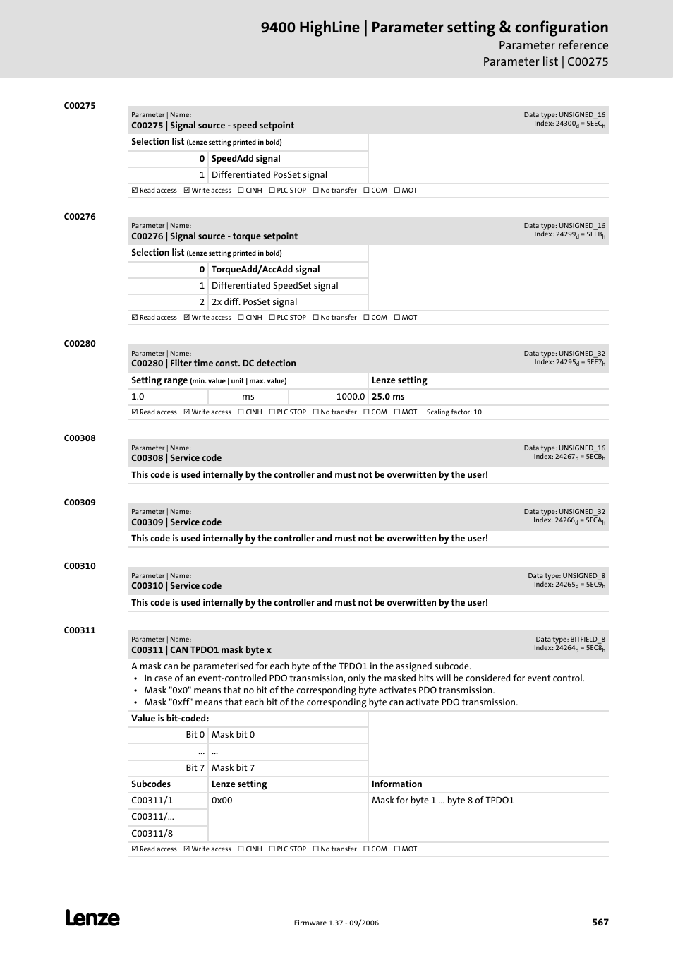 C00275, C00276, C00280 | C00308, C00309, C00310, C00311, 9400 highline | parameter setting & configuration | Lenze E94AxHE Servo Drives 9400 HighLine (Firmware 01-37) User Manual | Page 567 / 679