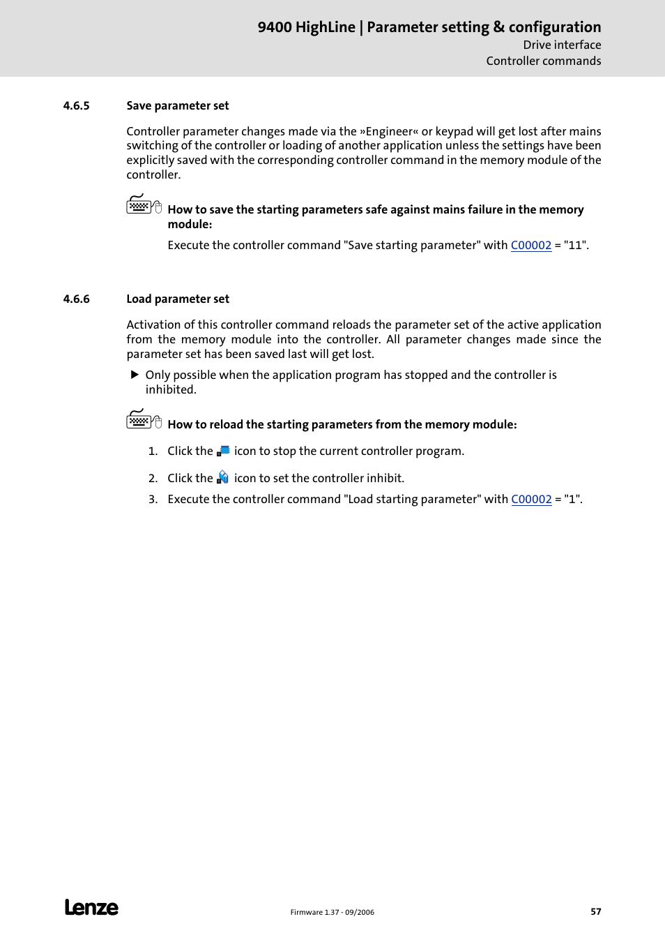 5 save parameter set, 6 load parameter set, Save parameter set | C 57), Load parameter set (c 57), Save parameter set (c 57) | Lenze E94AxHE Servo Drives 9400 HighLine (Firmware 01-37) User Manual | Page 57 / 679