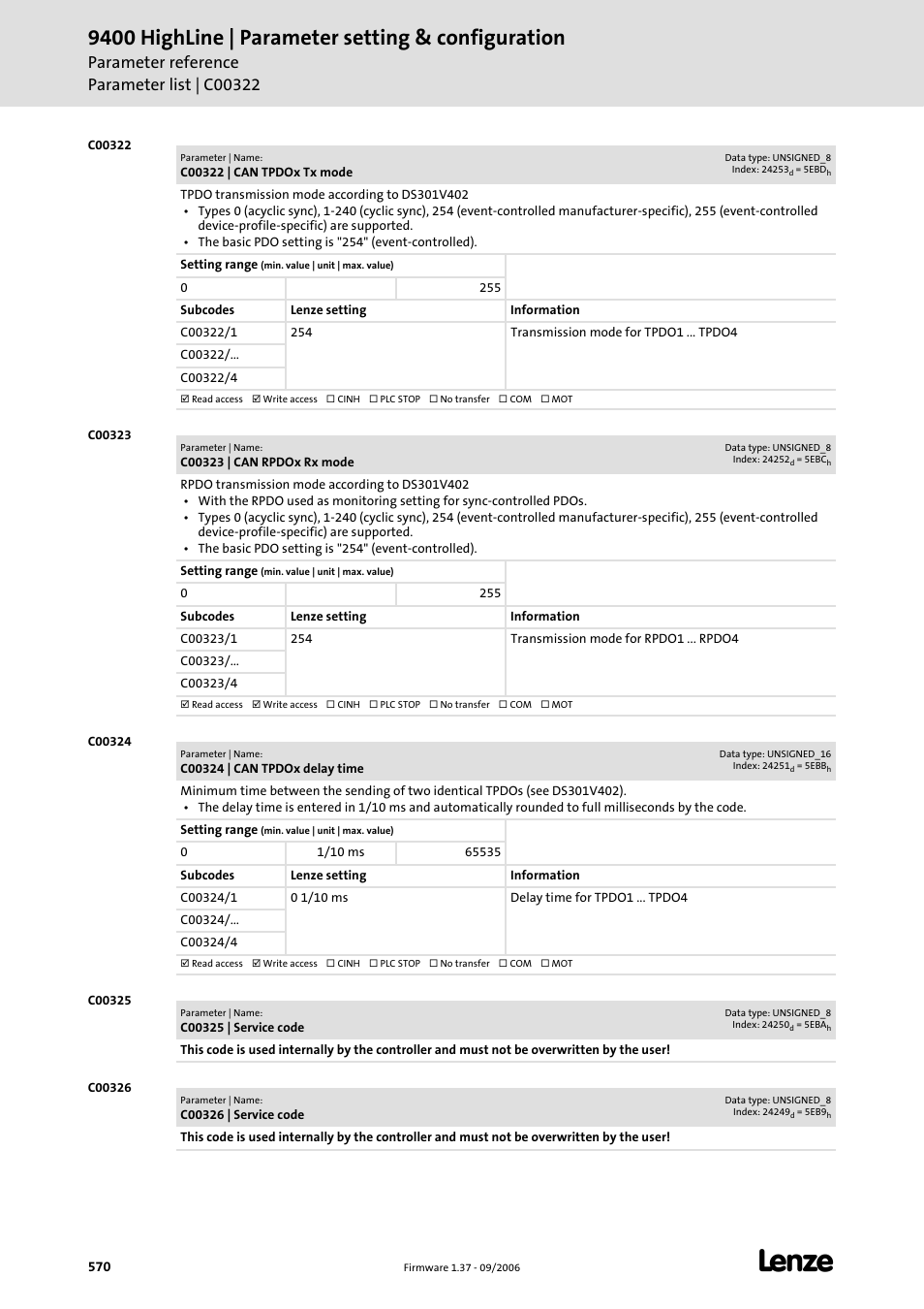 C00322, C00323, C00324 | C00325, C00326, 9400 highline | parameter setting & configuration | Lenze E94AxHE Servo Drives 9400 HighLine (Firmware 01-37) User Manual | Page 570 / 679