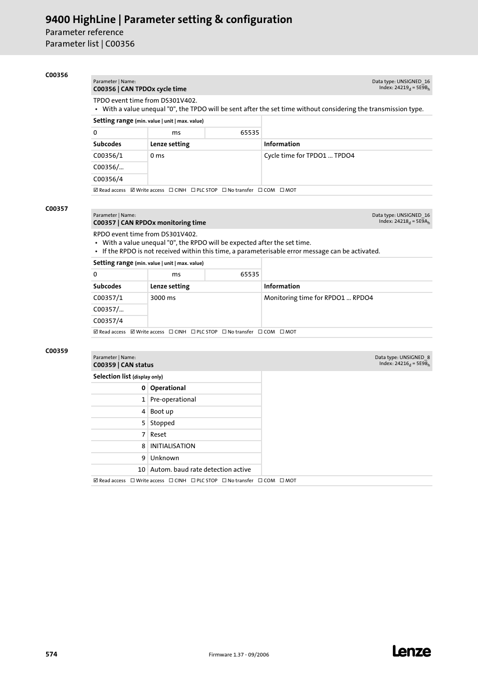 C00356, C00357, C00359 | 9400 highline | parameter setting & configuration | Lenze E94AxHE Servo Drives 9400 HighLine (Firmware 01-37) User Manual | Page 574 / 679