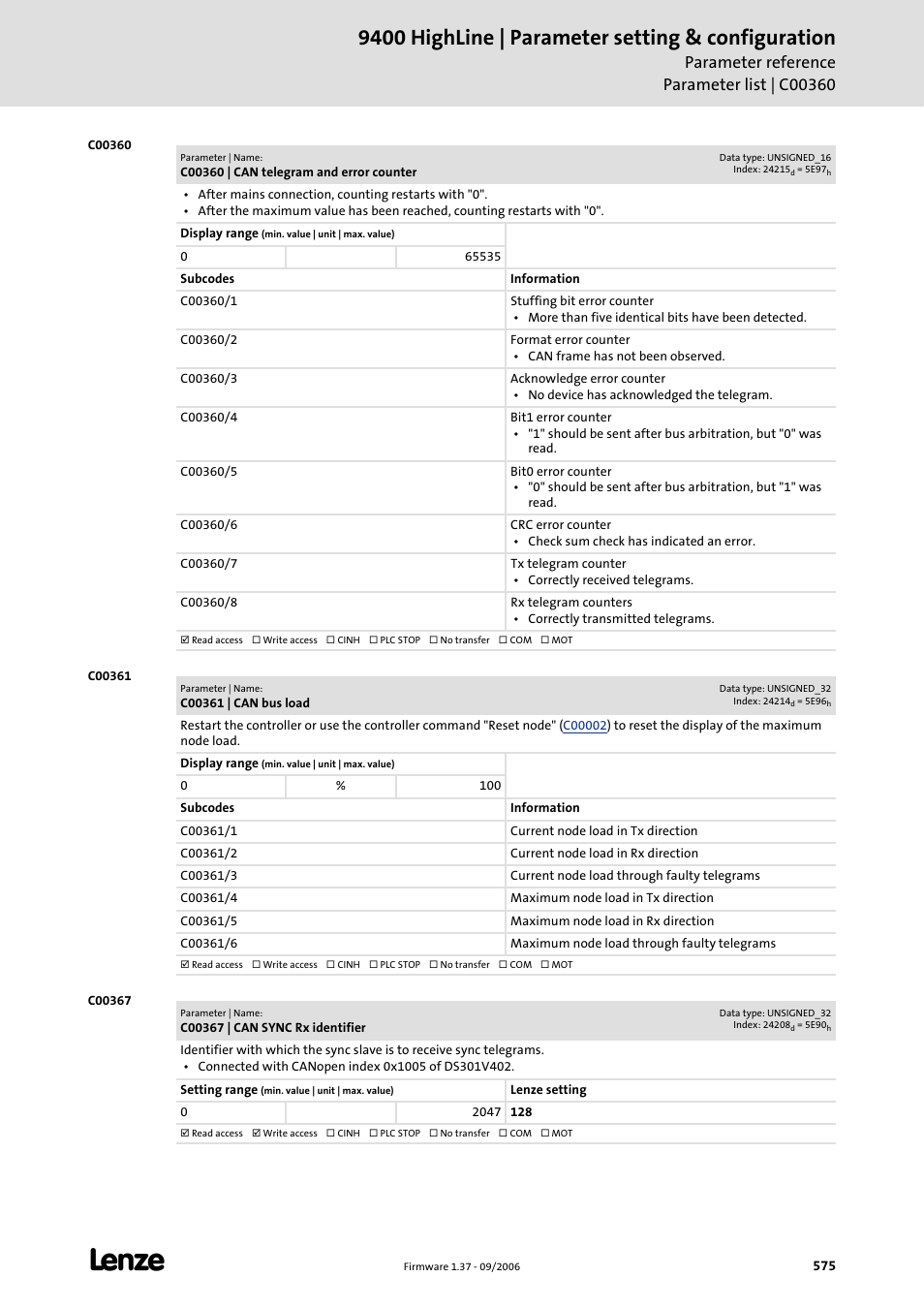 C00360, C00361, C00367 | 9400 highline | parameter setting & configuration | Lenze E94AxHE Servo Drives 9400 HighLine (Firmware 01-37) User Manual | Page 575 / 679