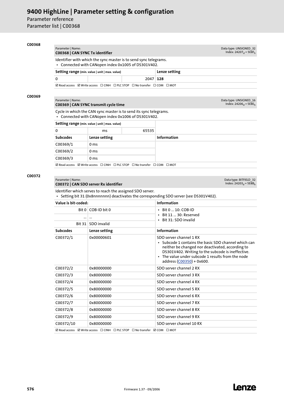 C00368, C00369, C00372 | 9400 highline | parameter setting & configuration | Lenze E94AxHE Servo Drives 9400 HighLine (Firmware 01-37) User Manual | Page 576 / 679