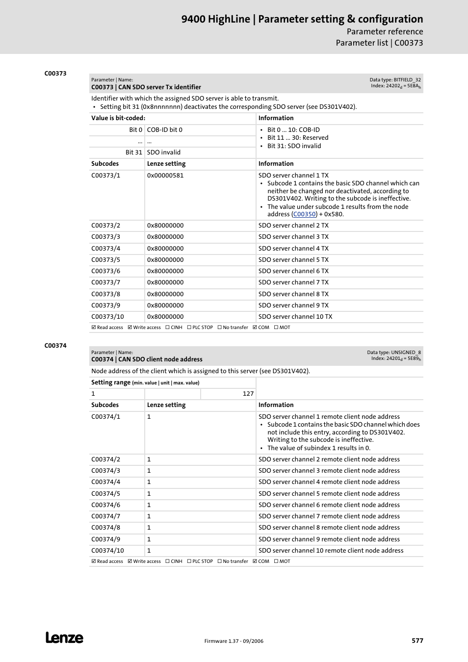 C00373, C00374, 9400 highline | parameter setting & configuration | Lenze E94AxHE Servo Drives 9400 HighLine (Firmware 01-37) User Manual | Page 577 / 679