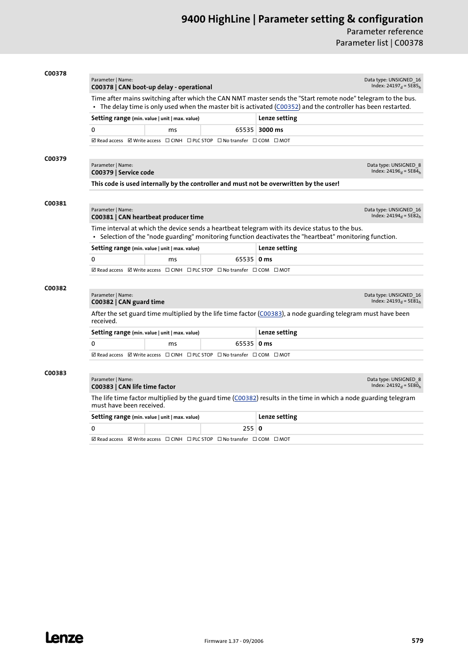 C00378, C00379, C00381 | C00382, C00383, 9400 highline | parameter setting & configuration | Lenze E94AxHE Servo Drives 9400 HighLine (Firmware 01-37) User Manual | Page 579 / 679