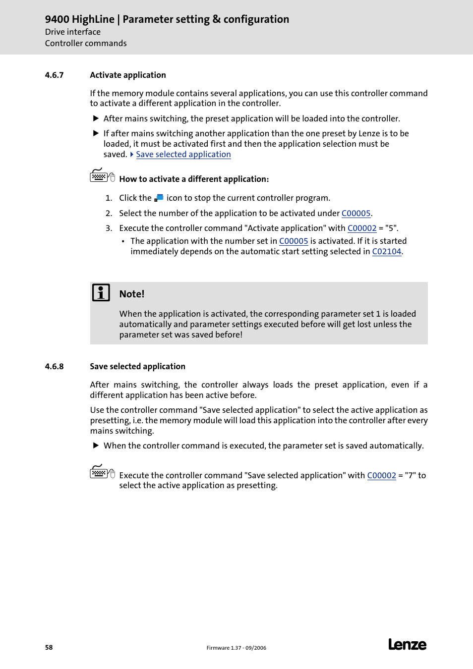 7 activate application, 8 save selected application, Activate application (c 58) | Save selected application (c 58) | Lenze E94AxHE Servo Drives 9400 HighLine (Firmware 01-37) User Manual | Page 58 / 679