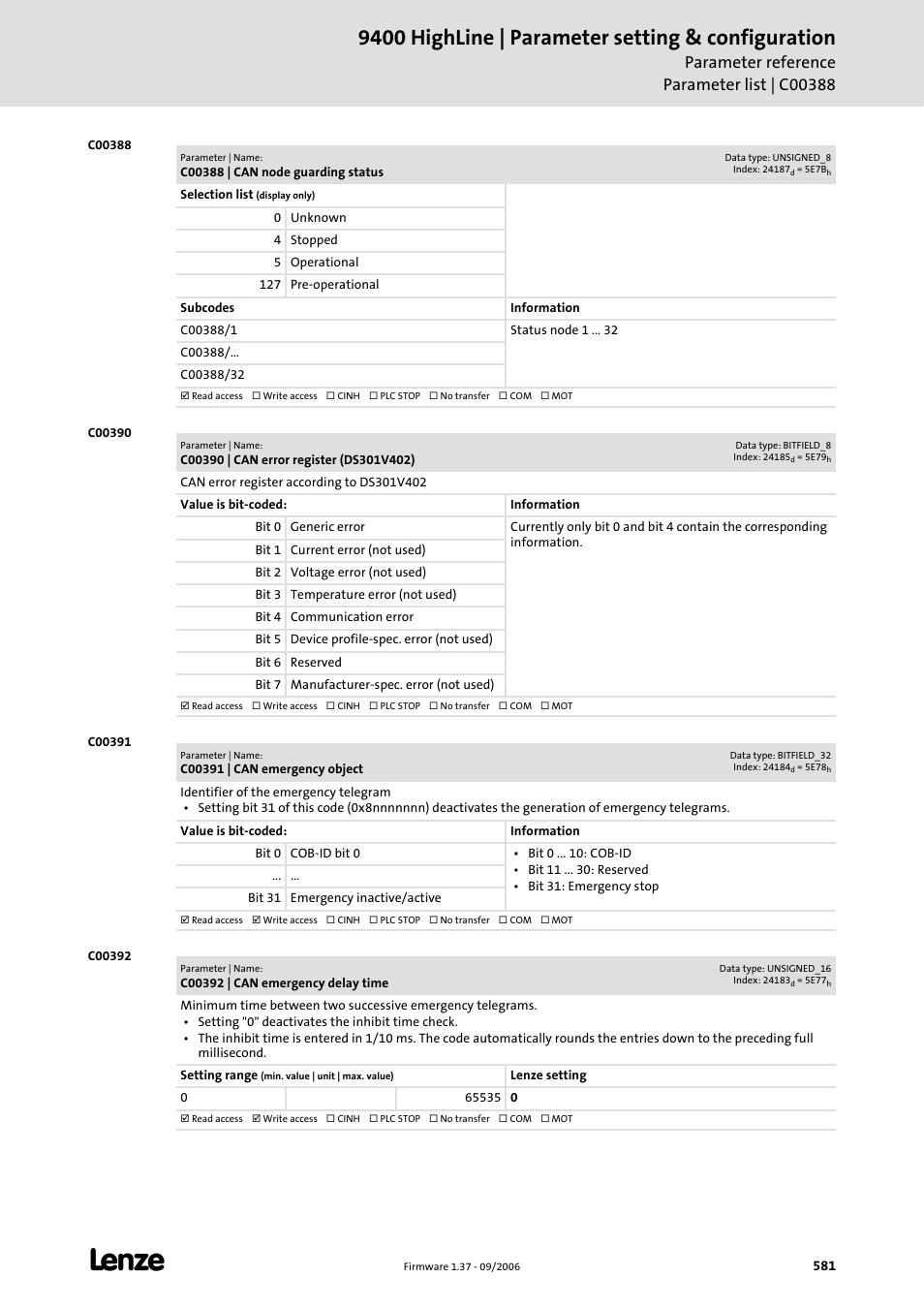 C00388, C00390, C00391 | C00392, 9400 highline | parameter setting & configuration | Lenze E94AxHE Servo Drives 9400 HighLine (Firmware 01-37) User Manual | Page 581 / 679