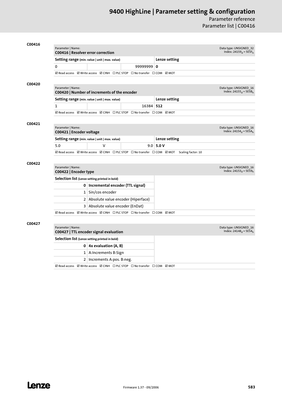 C00416, C00420, C00421 | C00422, C00427, 9400 highline | parameter setting & configuration | Lenze E94AxHE Servo Drives 9400 HighLine (Firmware 01-37) User Manual | Page 583 / 679