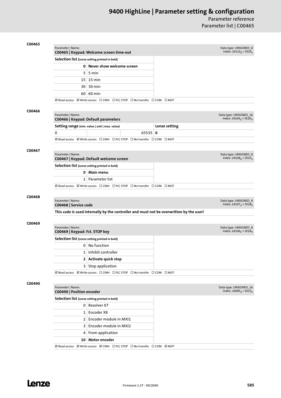 C00465, C00466, C00467 | C00468, C00469, C00490, 9400 highline | parameter setting & configuration | Lenze E94AxHE Servo Drives 9400 HighLine (Firmware 01-37) User Manual | Page 585 / 679