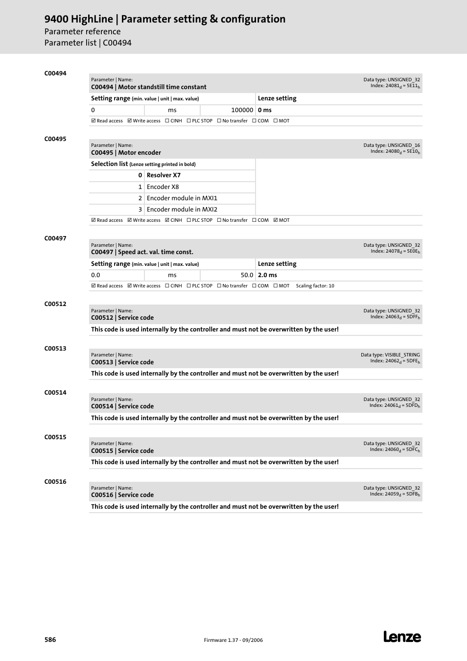 C00494, C00495, C00497 | C00512, C00513, C00514, C00515, C00516, And converted, Activated in | Lenze E94AxHE Servo Drives 9400 HighLine (Firmware 01-37) User Manual | Page 586 / 679