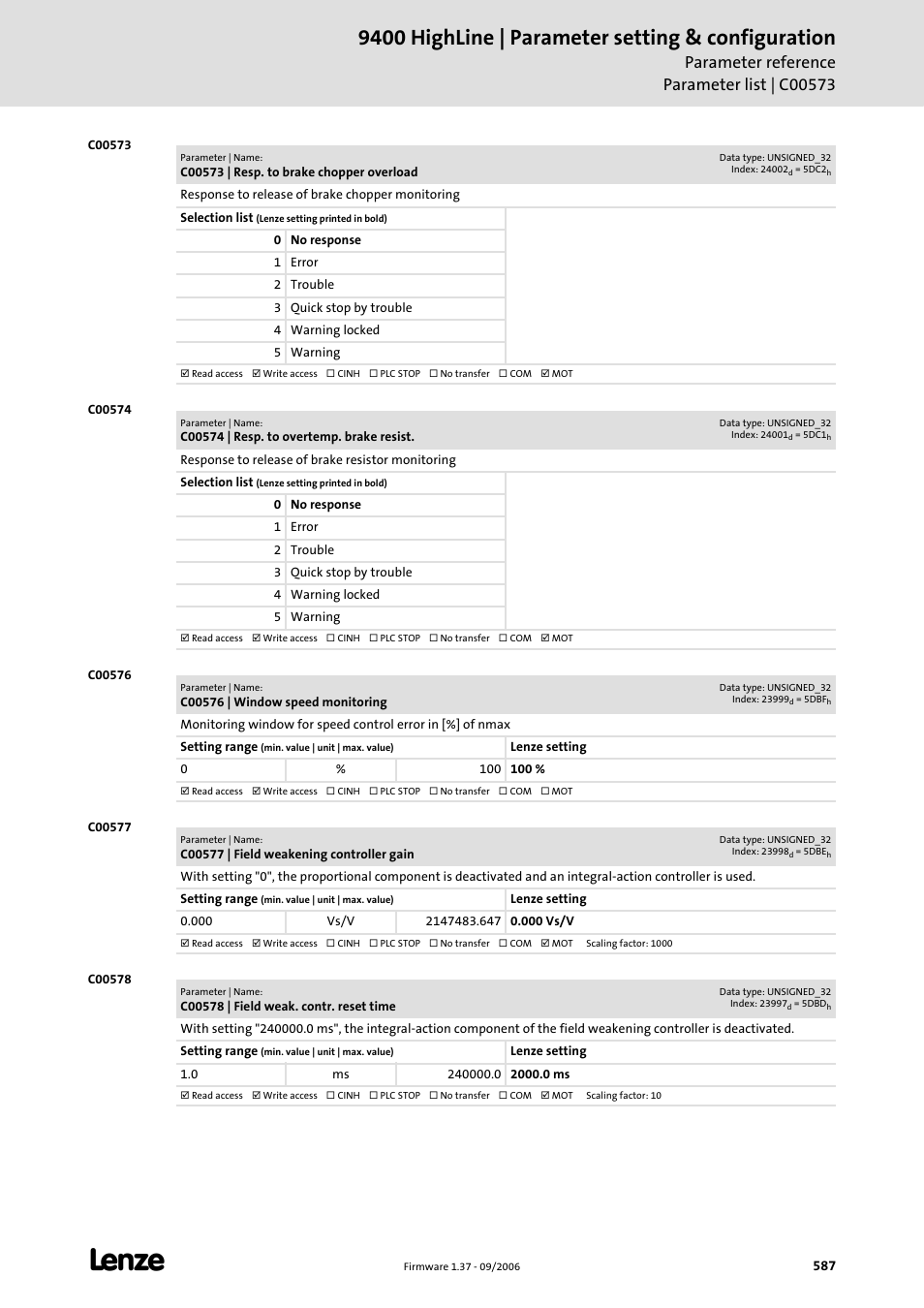 C00573, C00574, C00576 | C00577, C00578, 9400 highline | parameter setting & configuration | Lenze E94AxHE Servo Drives 9400 HighLine (Firmware 01-37) User Manual | Page 587 / 679