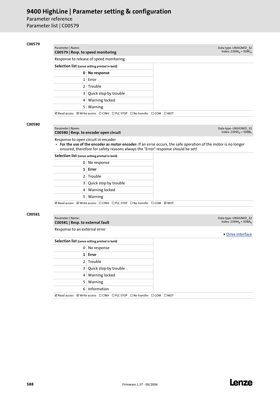 C00579, C00580, C00581 | 9400 highline | parameter setting & configuration | Lenze E94AxHE Servo Drives 9400 HighLine (Firmware 01-37) User Manual | Page 588 / 679