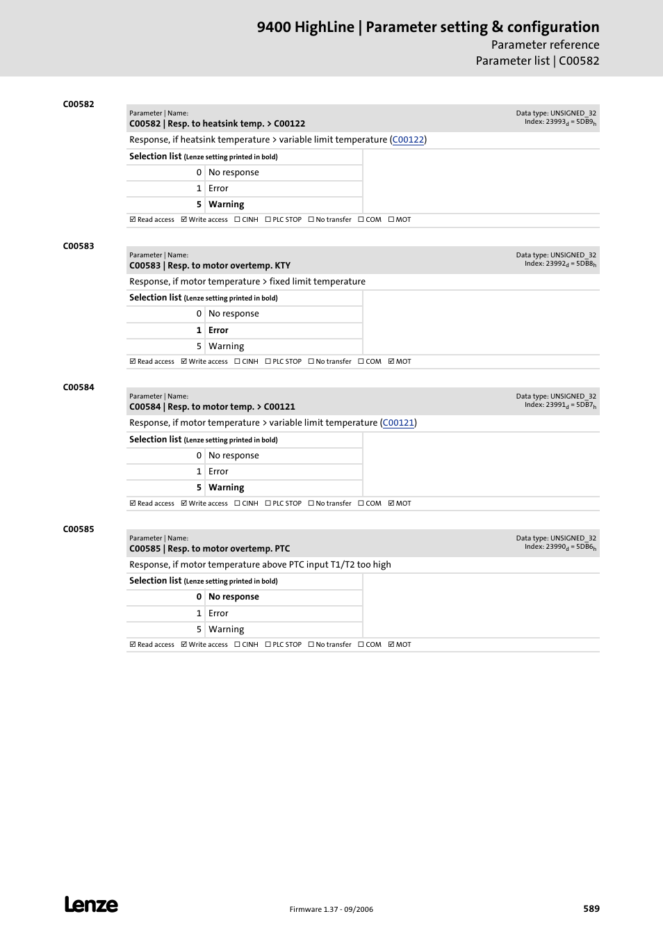 C00582, C00583, C00584 | C00585, Action set in, Ptc temperature in, Instead, 9400 highline | parameter setting & configuration | Lenze E94AxHE Servo Drives 9400 HighLine (Firmware 01-37) User Manual | Page 589 / 679