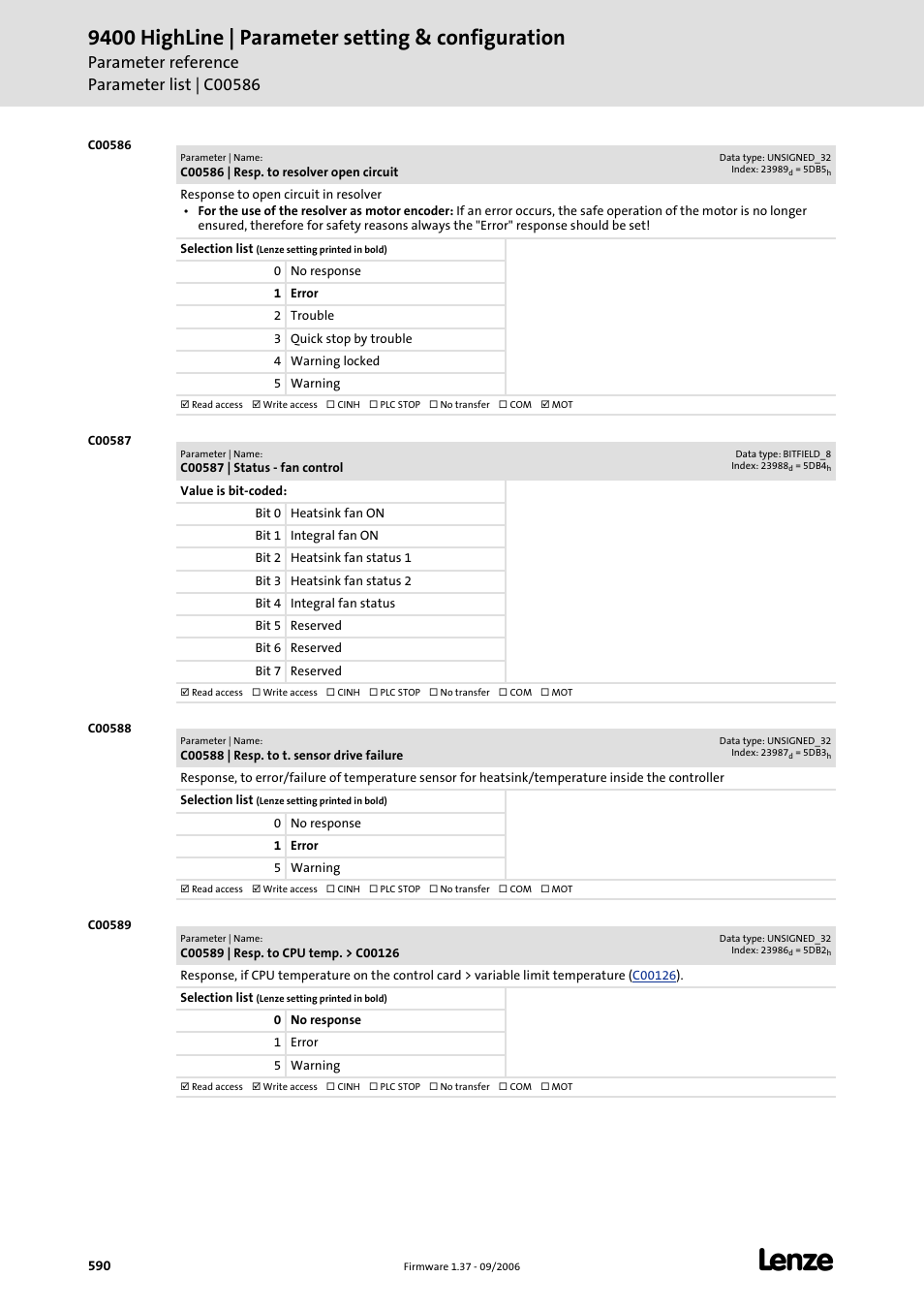 C00586, C00587, C00588 | C00589, 9400 highline | parameter setting & configuration | Lenze E94AxHE Servo Drives 9400 HighLine (Firmware 01-37) User Manual | Page 590 / 679