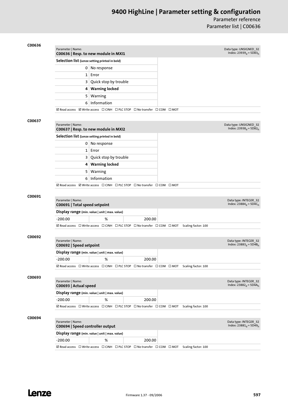 C00636, C00637, C00691 | C00692, C00693, C00694, 9400 highline | parameter setting & configuration | Lenze E94AxHE Servo Drives 9400 HighLine (Firmware 01-37) User Manual | Page 597 / 679