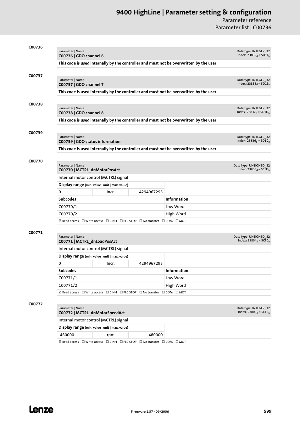 C00736, C00737, C00738 | C00739, C00770, C00771, C00772, 9400 highline | parameter setting & configuration | Lenze E94AxHE Servo Drives 9400 HighLine (Firmware 01-37) User Manual | Page 599 / 679