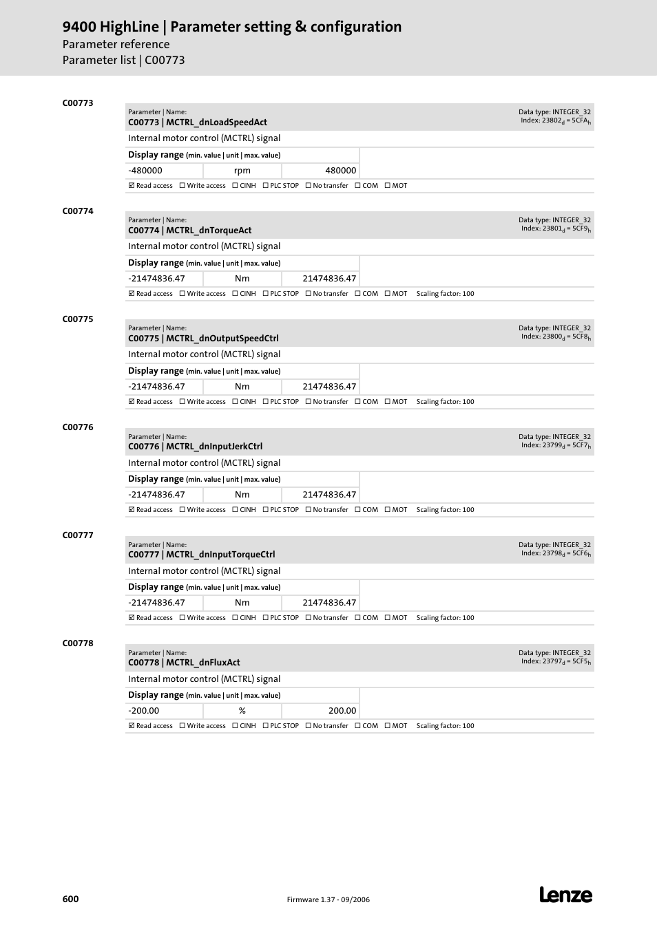 C00773, C00774, C00775 | C00776, C00777, C00778, Ay in, 9400 highline | parameter setting & configuration | Lenze E94AxHE Servo Drives 9400 HighLine (Firmware 01-37) User Manual | Page 600 / 679