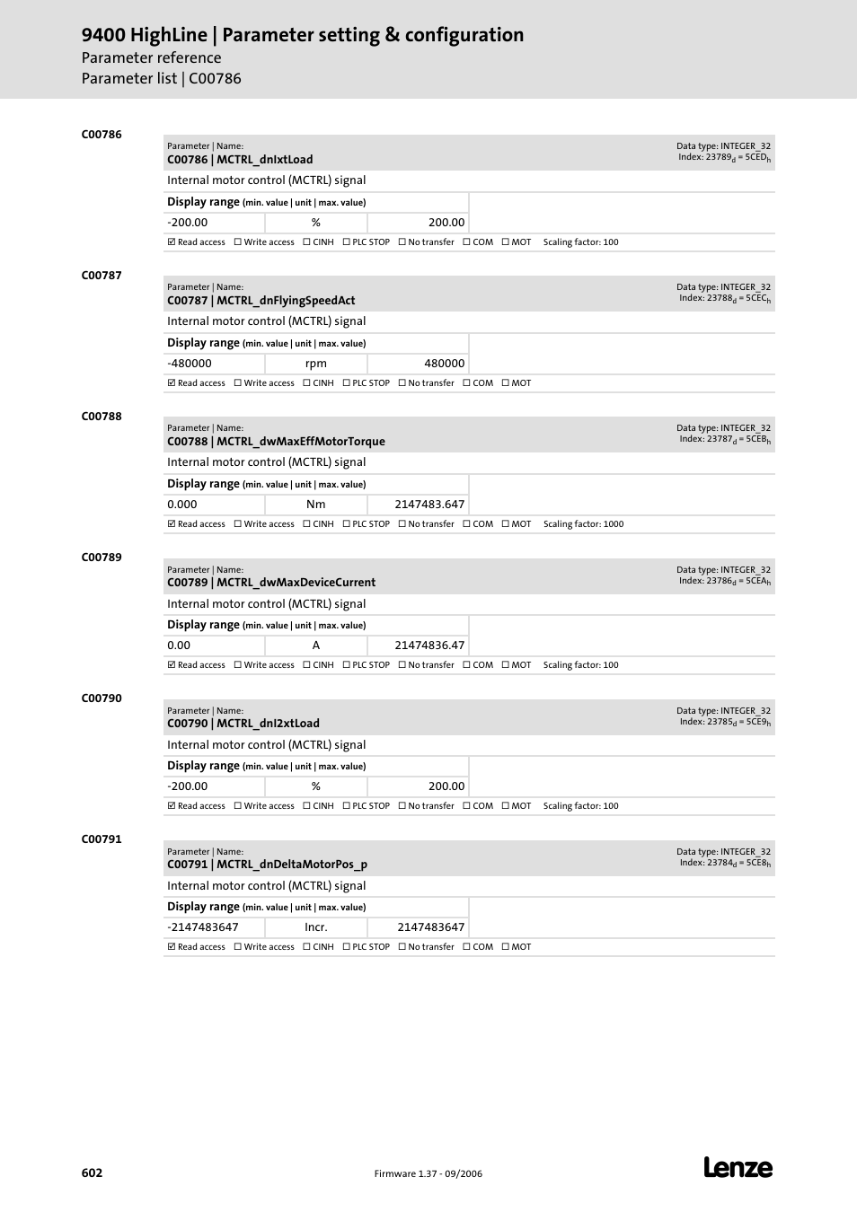 C00786, C00787, C00788 | C00789, C00790, C00791, 9400 highline | parameter setting & configuration | Lenze E94AxHE Servo Drives 9400 HighLine (Firmware 01-37) User Manual | Page 602 / 679