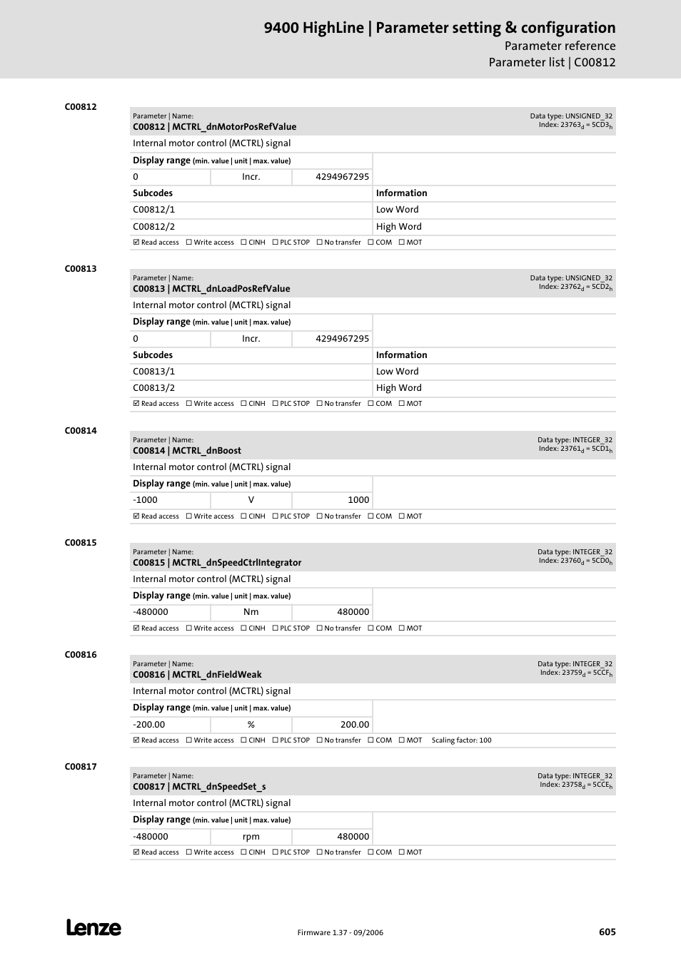 C00812, C00813, C00814 | C00815, C00816, C00817, 9400 highline | parameter setting & configuration | Lenze E94AxHE Servo Drives 9400 HighLine (Firmware 01-37) User Manual | Page 605 / 679