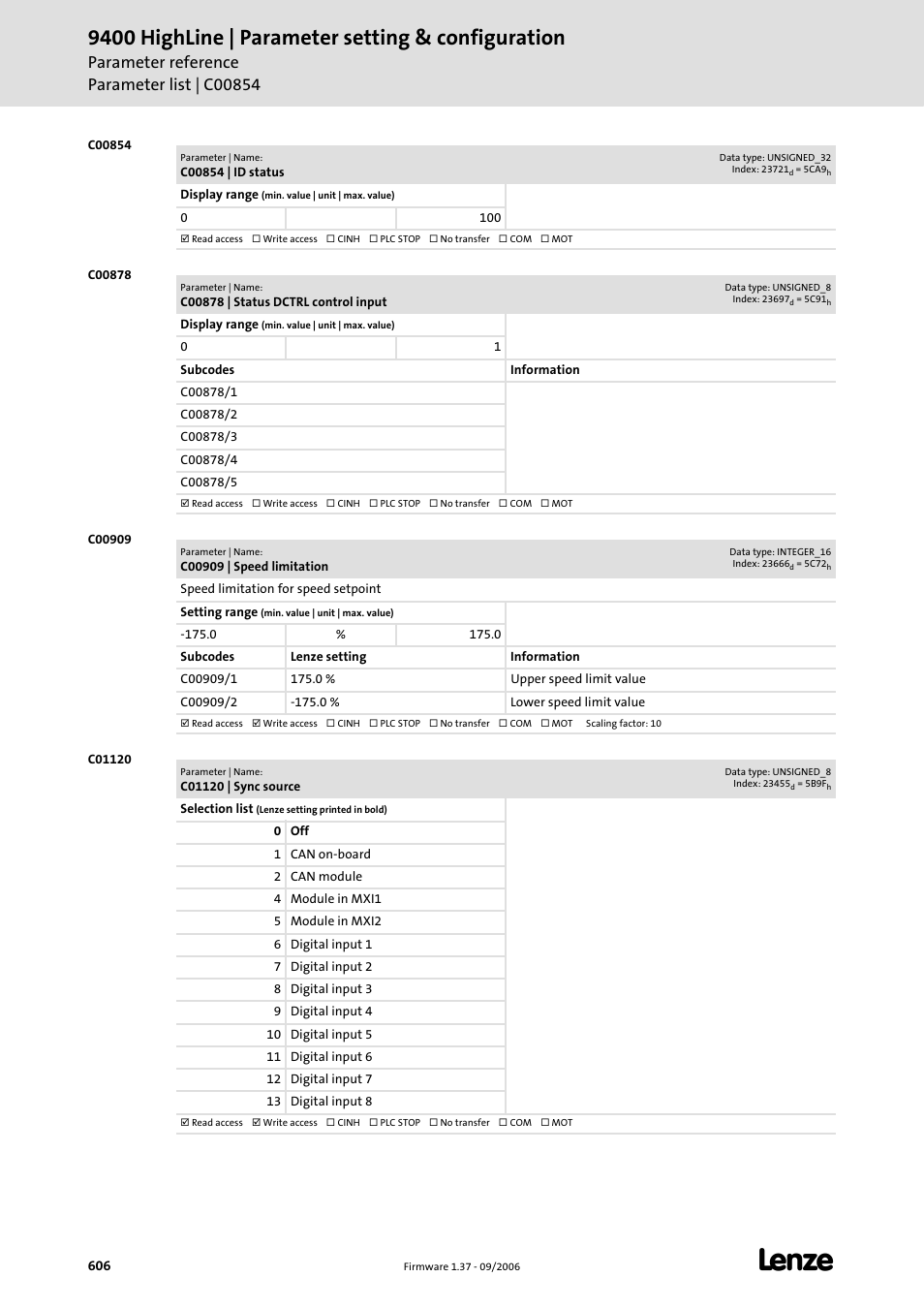 C00854, C00878, C00909 | C01120, C00909/1, C00909/2, And low, 9400 highline | parameter setting & configuration | Lenze E94AxHE Servo Drives 9400 HighLine (Firmware 01-37) User Manual | Page 606 / 679