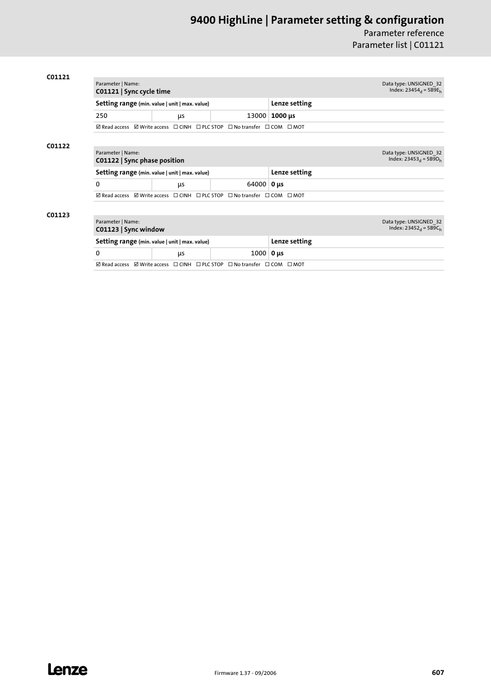 C01121, C01122, C01123 | 9400 highline | parameter setting & configuration | Lenze E94AxHE Servo Drives 9400 HighLine (Firmware 01-37) User Manual | Page 607 / 679