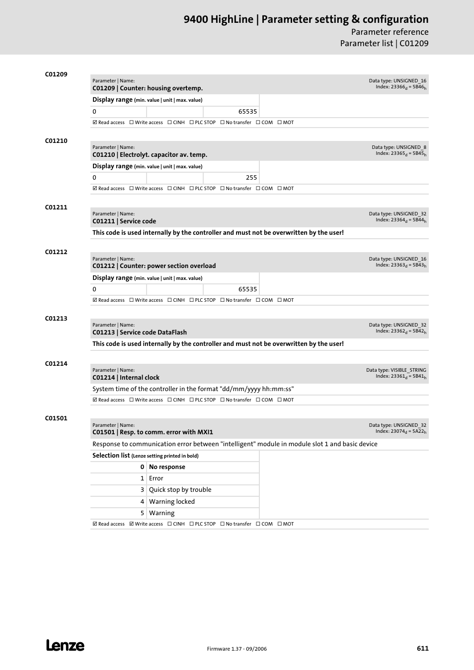 C01209, C01210, C01211 | C01212, C01213, C01214, C01501, 9400 highline | parameter setting & configuration | Lenze E94AxHE Servo Drives 9400 HighLine (Firmware 01-37) User Manual | Page 611 / 679