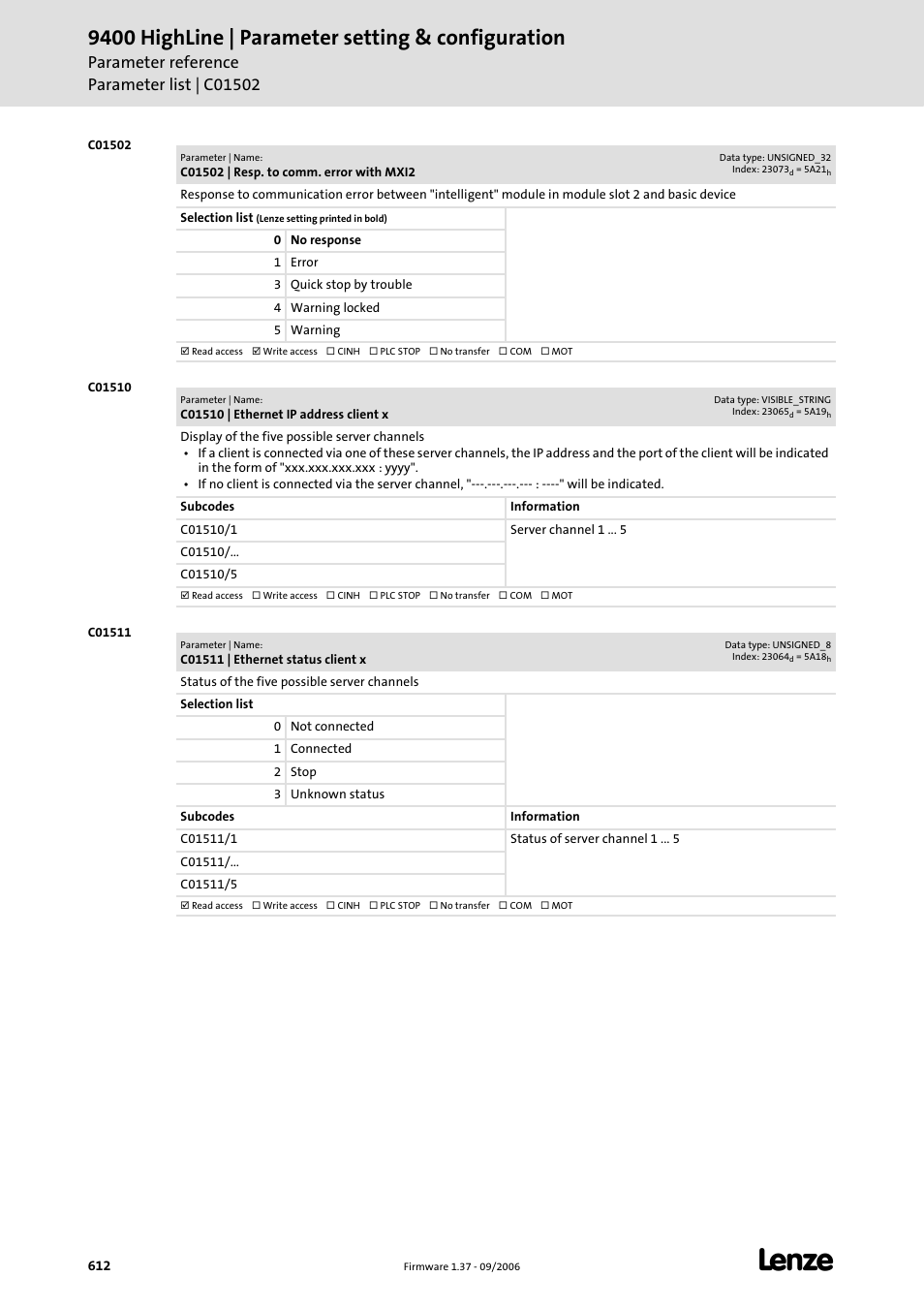 C01502, C01510, C01511 | 9400 highline | parameter setting & configuration | Lenze E94AxHE Servo Drives 9400 HighLine (Firmware 01-37) User Manual | Page 612 / 679