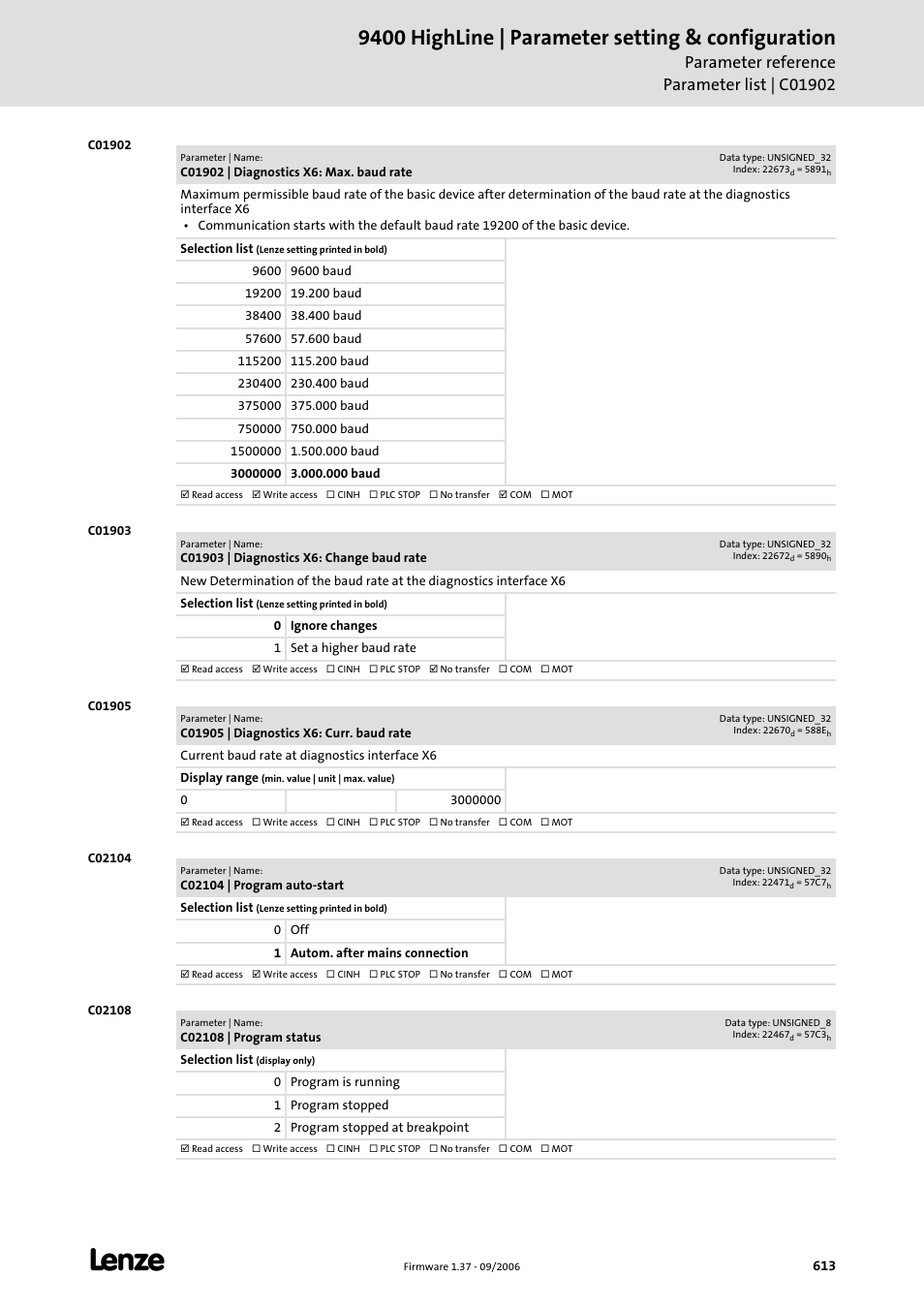 C01902, C01903, C01905 | C02104, C02108, 9400 highline | parameter setting & configuration | Lenze E94AxHE Servo Drives 9400 HighLine (Firmware 01-37) User Manual | Page 613 / 679