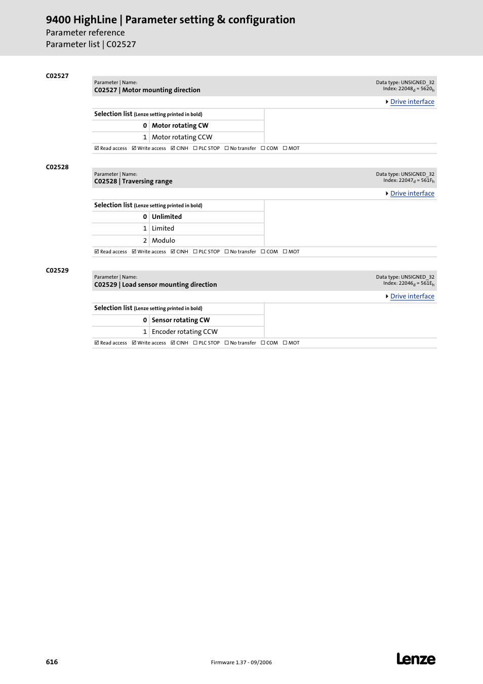 C02527, C02528, C02529 | T field, The direct, 0": clockwise motor, 1": counter-clockwise motor, Serves to define, Hen the traversing range, 9400 highline | parameter setting & configuration | Lenze E94AxHE Servo Drives 9400 HighLine (Firmware 01-37) User Manual | Page 616 / 679