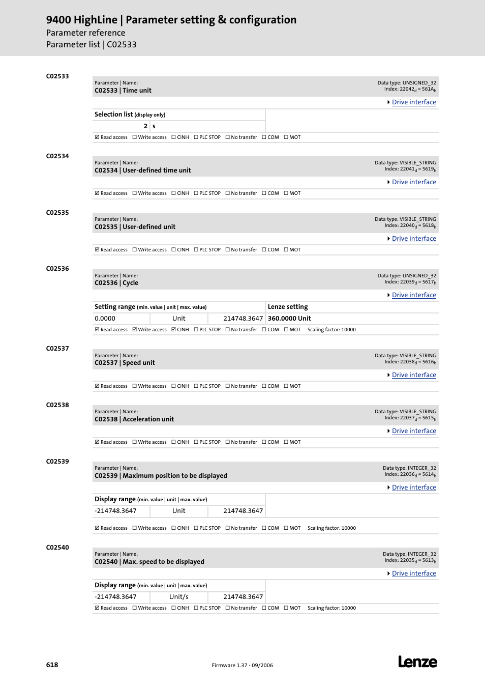 C02533, C02534, C02535 | C02536, C02537, C02538, C02539, C02540, 9400 highline | parameter setting & configuration | Lenze E94AxHE Servo Drives 9400 HighLine (Firmware 01-37) User Manual | Page 618 / 679