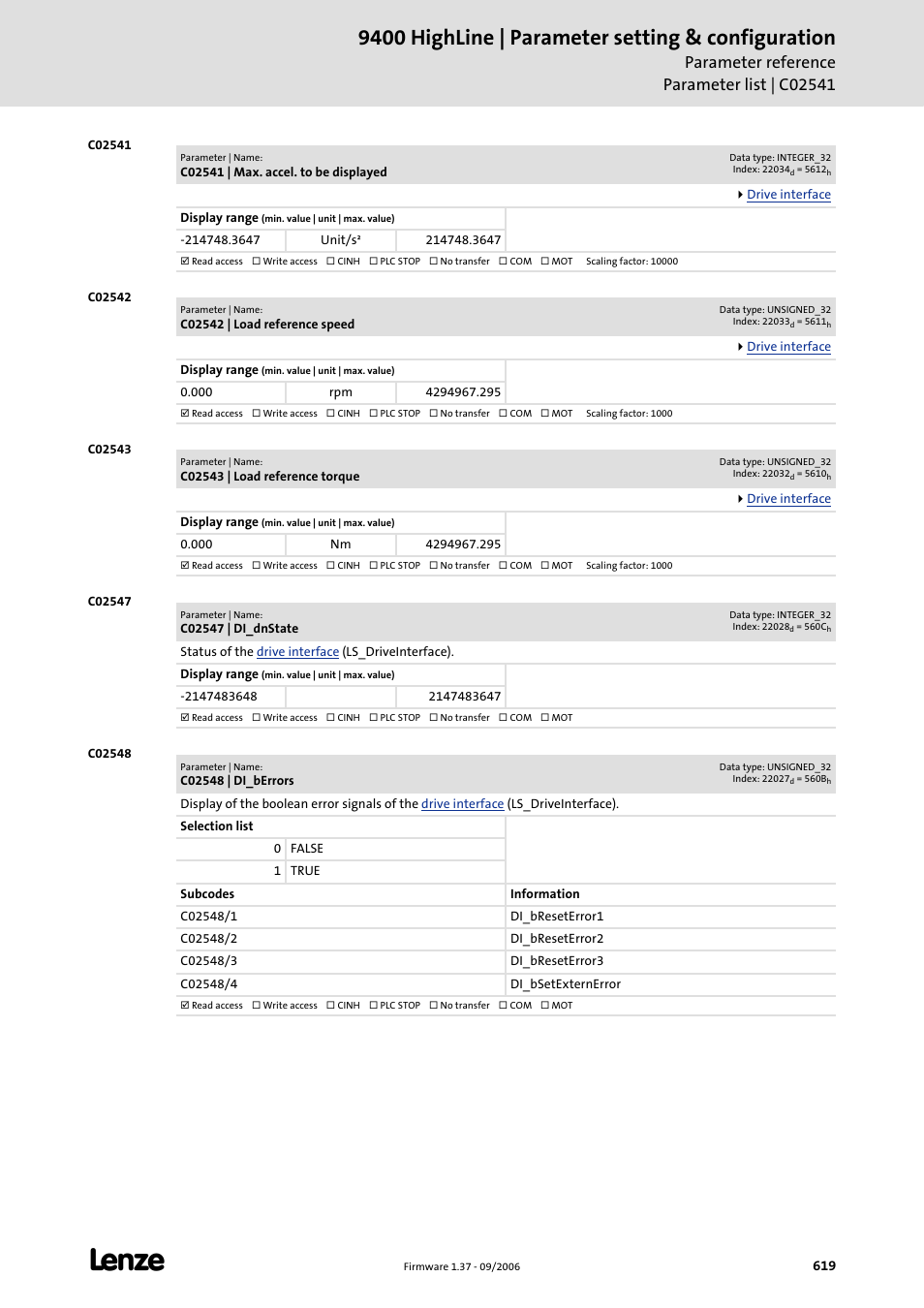 C02541, C02542, C02543 | C02547, C02548, C02548/1, C02548/2, C02548/3, C02548/4, 9400 highline | parameter setting & configuration | Lenze E94AxHE Servo Drives 9400 HighLine (Firmware 01-37) User Manual | Page 619 / 679