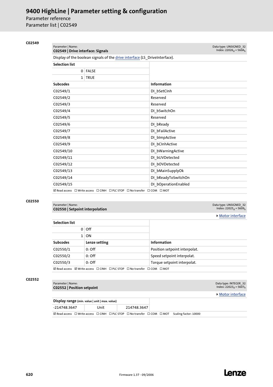 C02549, C02550, C02552 | C02549/1, C02549/4, C02549/6, C02549/7, C02549/8, C02549/9, C02549/10 | Lenze E94AxHE Servo Drives 9400 HighLine (Firmware 01-37) User Manual | Page 620 / 679