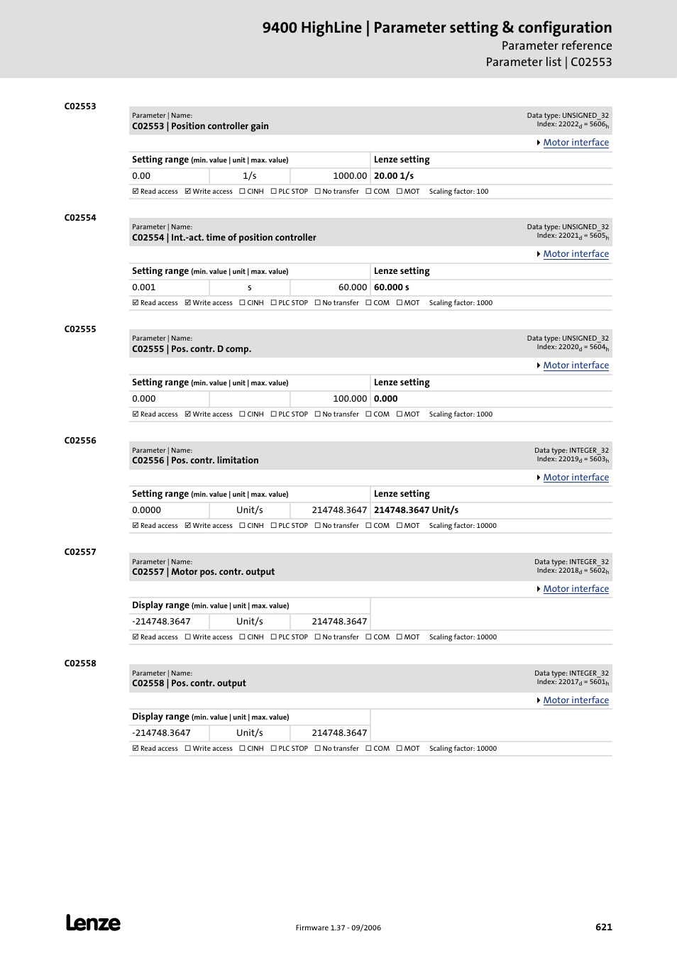 C02553, C02554, C02555 | C02556, C02557, C02558, 9400 highline | parameter setting & configuration | Lenze E94AxHE Servo Drives 9400 HighLine (Firmware 01-37) User Manual | Page 621 / 679
