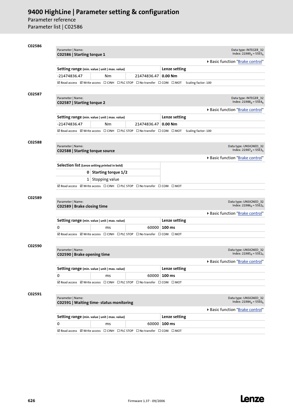 C02586, C02587, C02588 | C02589, C02590, C02591, Time set in, When, 50 nm, And the "waiting time for | Lenze E94AxHE Servo Drives 9400 HighLine (Firmware 01-37) User Manual | Page 626 / 679