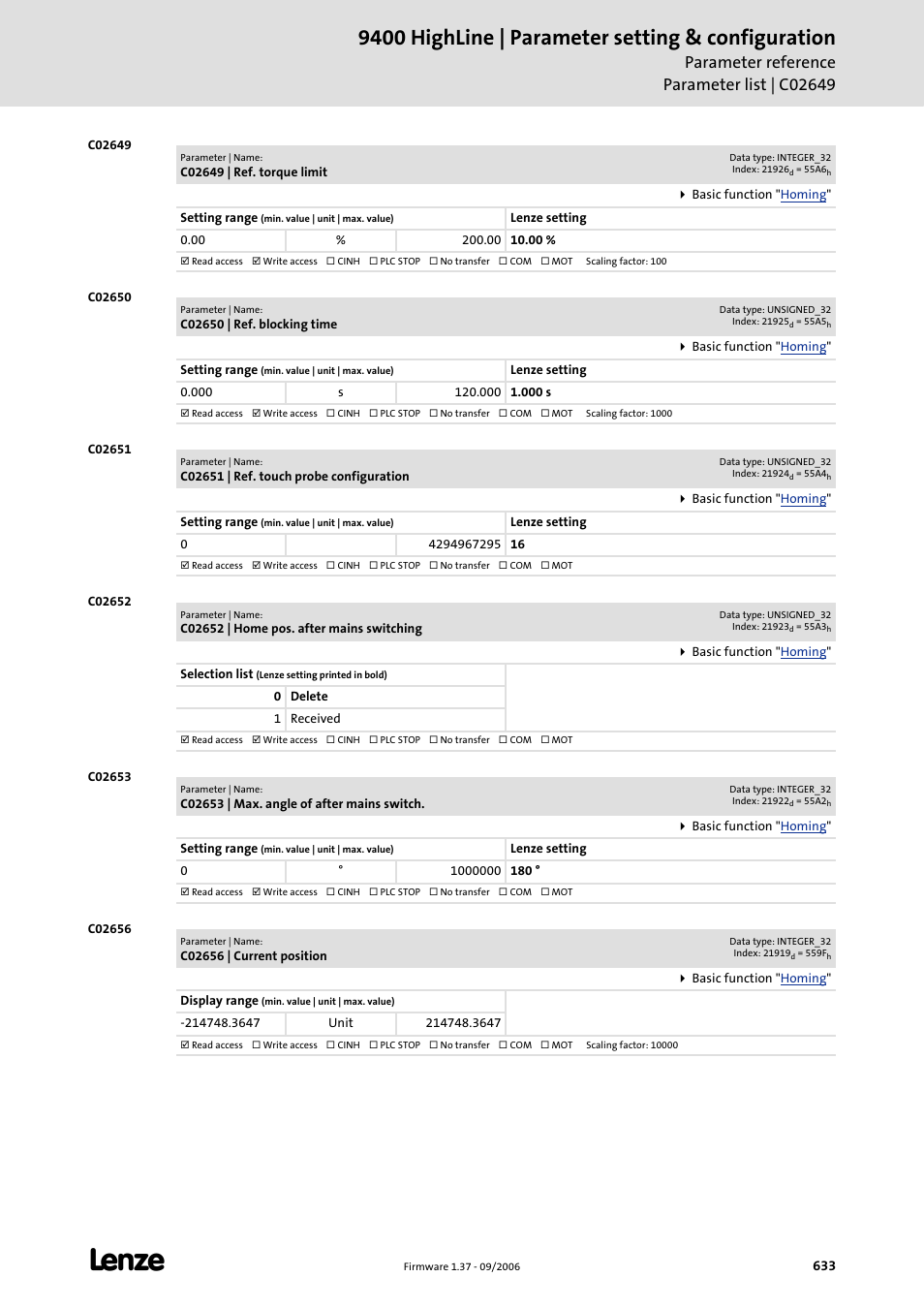 C02649, C02650, C02651 | C02652, C02653, C02656, Keep" is required, Me defined in, The reference is set, 9400 highline | parameter setting & configuration | Lenze E94AxHE Servo Drives 9400 HighLine (Firmware 01-37) User Manual | Page 633 / 679