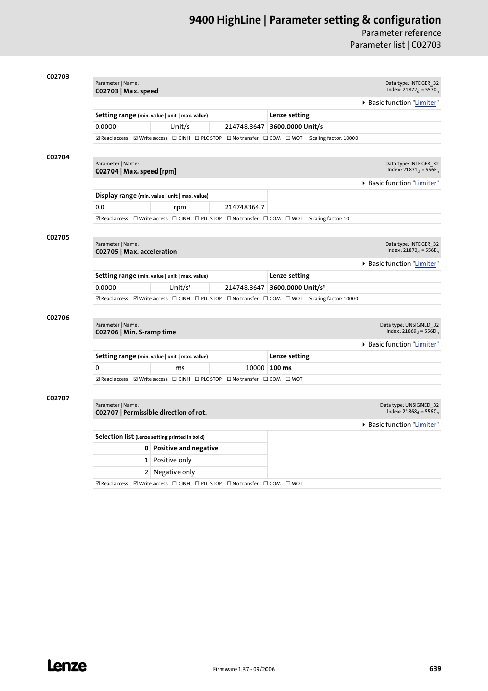 C02703, C02704, C02705 | C02706, C02707, Speed set in, And ha, Rised in, 9400 highline | parameter setting & configuration | Lenze E94AxHE Servo Drives 9400 HighLine (Firmware 01-37) User Manual | Page 639 / 679