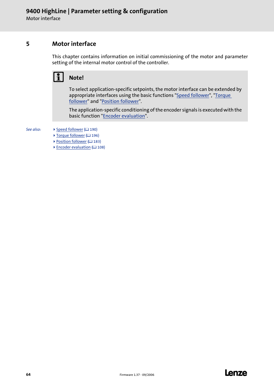 5 motor interface, Motor interface, 9400 highline | parameter setting & configuration | 5motor interface | Lenze E94AxHE Servo Drives 9400 HighLine (Firmware 01-37) User Manual | Page 64 / 679