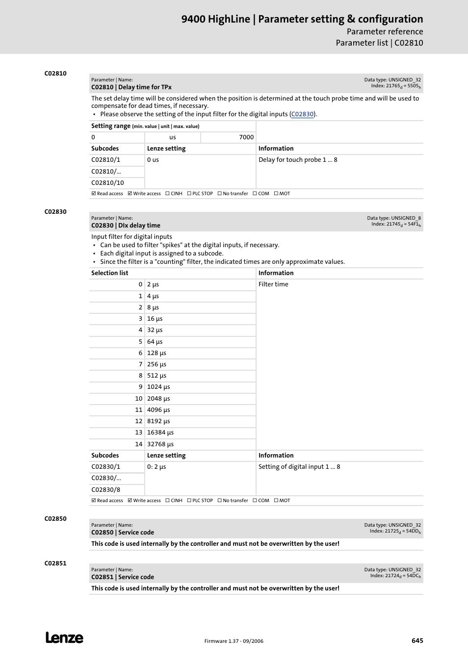 C02810, C02830, C02850 | C02851, For each to, X delay time set in, Time, 9400 highline | parameter setting & configuration | Lenze E94AxHE Servo Drives 9400 HighLine (Firmware 01-37) User Manual | Page 645 / 679